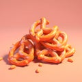 3d rendering of a pile of sweet pretzels on orange background