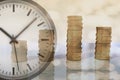 3D rendering of piles of money and clock