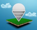 3d rendering of a pin icon on a cubical soil with grass on a blue sky background. Royalty Free Stock Photo