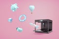 3d rendering of pink background with a 3d printer making a blue piggy bank, an alarm clock, a life buoy and other things