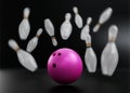 3d rendering-Pink Bowling Ball crashing into the pins on black background