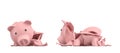 3d rendering of a pink ceramic piggy bank completely broken up into several large pieces