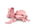 3d rendering of a pink ceramic piggy bank completely broken up into several large pieces.