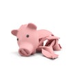 3d rendering of a pink ceramic piggy bank completely broken up into several large pieces.