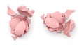 3d rendering of a pink ceramic piggy bank completely broken up into several large pieces in top view.