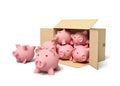 3d rendering of pink ceramic piggy banks in carton box.