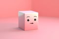 3d rendering of a pink cube with a sad face on it