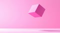 A 3D rendering of a pink cube suspended in mid-air against a solid pink background. Royalty Free Stock Photo