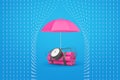 3d rendering of a pink dynamite bundle with a time bomb and a pink umbrella protecting it from rain.