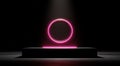 3d rendering of a pink, glowing ring flying above a black podium on a dark background with copy space, featuring a glowing light Royalty Free Stock Photo
