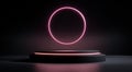 3d rendering of a pink, glowing ring flying above a black podium on a dark background with copy space. minimal abstract motion Royalty Free Stock Photo