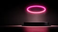 3d rendering of a pink, glowing ring flying above a black podium on a dark background with a soft shadow and lighting effect. a Royalty Free Stock Photo