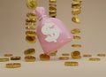 3D rendering Pink Moneybag and stack gold coins are falling isolated on beige background. Cashless society concept. Growth,