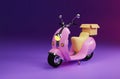 3D rendering pink motor scooter with box in purple background for delivery order