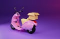 3D Rendering Pink motor scooter with box in purple background for delivery order