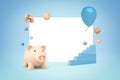 3d rendering of pink piggy bank, blue lego pieces and blue balloon with random objects on white and blue background