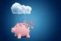 3d rendering of pink piggy bank that is dissolving in pieces, standing under cloud of pouring rain on blue copyspace