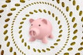 3d rendering of pink piggy bank with golden coins arranged in circles on white background