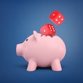 3d rendering of pink piggy bank with a pair of red solid dice on blue background