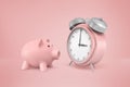 3d rendering of pink piggy bank stands near huge pink retro alarm clock on a pink background.