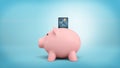 3d rendering of a pink piggy bank stands in a side view on a blue background with a credit card stuck into its coin slot