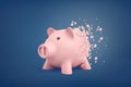 3d rendering of pink piggy bank stands slowly deteriorating with some pieces flying away from it. Royalty Free Stock Photo