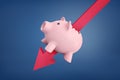 3d rendering of a pink piggy bank struck by a large red arrow completely through.