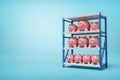 3d rendering of pink piggy banks on silver blue metal rack shelves on blue background