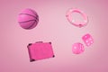 3d rendering of pink retro suitcase, basketball ball, casino dice and boat lifebuoy on pink background.