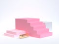 3d rendering pink staircase-stairway white background soft pink gold geometric shape