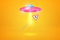 3d rendering of pink UFO flying against amber background and using gravitation powers to lift `UFO` road sign toward its