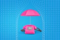 3d rendering of pink umbrella on top of pink retro telephone with drawn rain lines on blue background Royalty Free Stock Photo