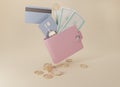 3d rendering pink Wallet with cash, credit cards and gold coins on beige background. Falling coins and pink purse. Cashless