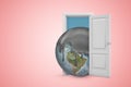 3d rendering of planet Earth covered in black liquid on top, emerging from open door on pink copyspace background.