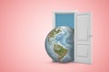 3d rendering of planet Earth emerging from open door on pink copyspace background.