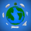 3D rendering of a planet earth with a green tree sprouted on it against the blue sky Royalty Free Stock Photo