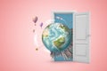 3d rendering of planet Earth with high-rise cities on it, emerging from open door on pink gradient copyspace background. Royalty Free Stock Photo