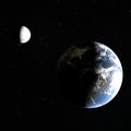 3d rendering of the planet earth with the night cities of America and the moon, partially illuminated by the sun, the elements are Royalty Free Stock Photo