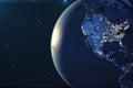 3D Rendering Planet earth from the space at night. The World Globe from Space in a star field showing the terrain and