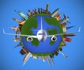 3d rendering of planet earth with various landmarks around the world flying around an airplane.