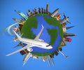 3d rendering of planet earth with various landmarks around the world flying around an airplane.