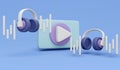 3D Rendering of play button icon and earphone headset on background