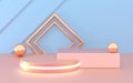 3D rendering podium geometry with pink blue and gold elements. Abstract geometric shape blank podium. Minimal scene