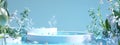 3D rendering of a podium with water and plants in front of a blue background with a light white gradient Royalty Free Stock Photo