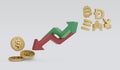 3d Rendering pointing down of graph of dollar and rise up of graph of cryptocurrency