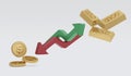 3d Rendering pointing down of graph of dollar and rise up of graph of gold