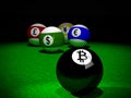 Pool balls with Bitcoin, American Dollar, Euro, Yen and British Pound symbols