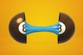 3d rendering of pool and billiardl ball broken in two parts with blue sticky slime inside on yellow background