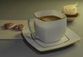 3d rendering porcelain coffee cup, chocolate hearts and cream cake
