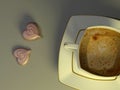 3d rendering porcelain coffee cup and chocolate hearts